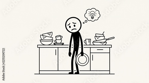 Sad stick figure standing in messy kitchen surrounded by dirty dishes with lightbulb thought