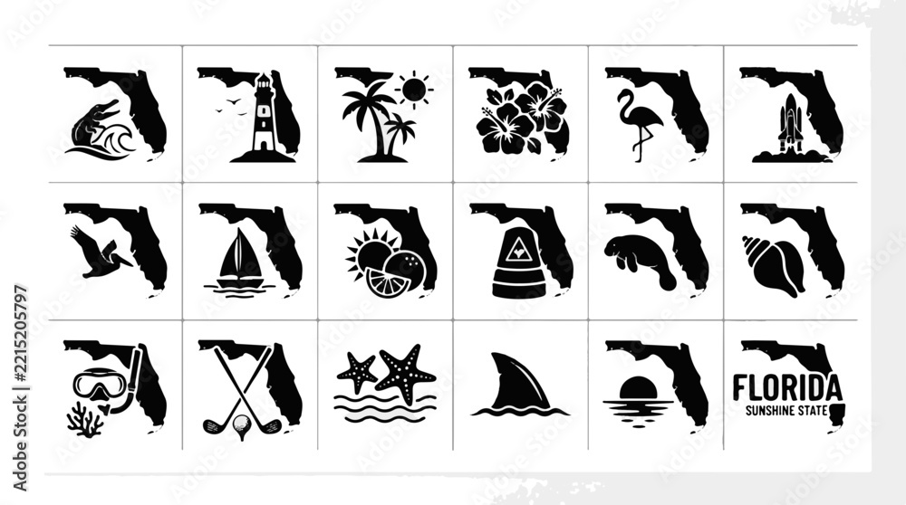Fototapeta premium Florida State Silhouette Icons Collection Depicting Popular Travel and Tourism Symbols