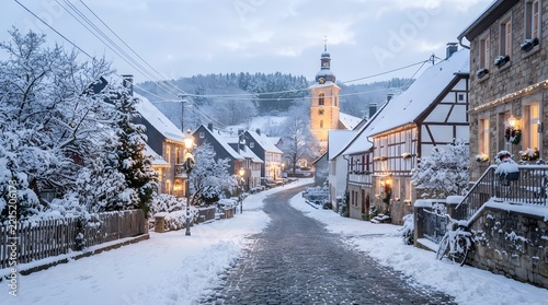 Charming Snow Covered European Village Street with Illuminated Historic Houses and Church Clock Tower