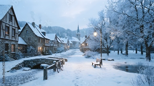 Charming Snow Covered European Village Street with Stone Bridge, Historic Houses, and Church