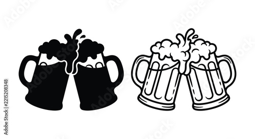 Two beer mugs clinking together black and white line illustration