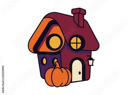 Charming cartoon illustration of a spooky halloween house with a pumpkin outside