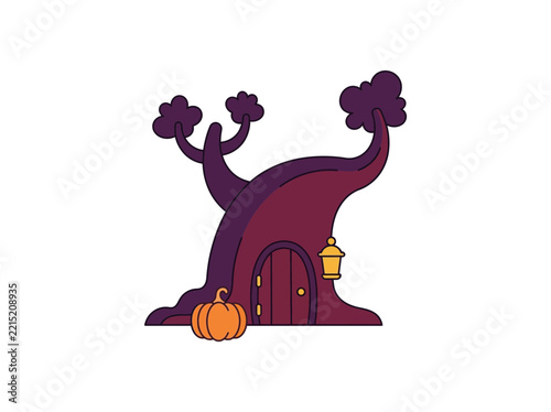 Whimsical purple illustration of a tree with a tiny door and pumpkin