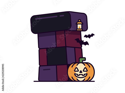 Cartoon halloween haunted house with jack o lantern and spooky bats illustration