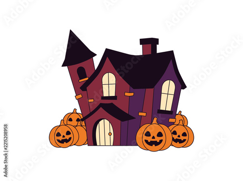 Cartoon haunted house with jack o lanterns for halloween celebrations and spooky themes
