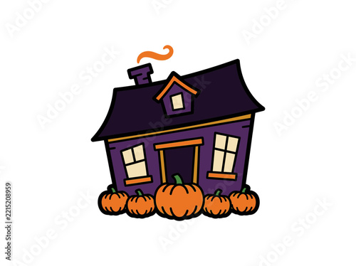 Whimsical halloween haunted house illustration with pumpkins on a white background