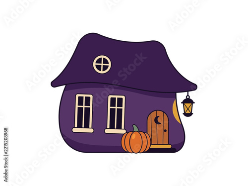 Charming cartoon illustration of a spooky purple haunted house with a pumpkin
