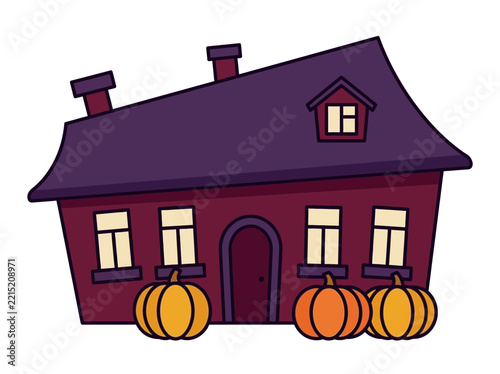 Charming cartoon haunted house with pumpkins for halloween illustration or spooky design