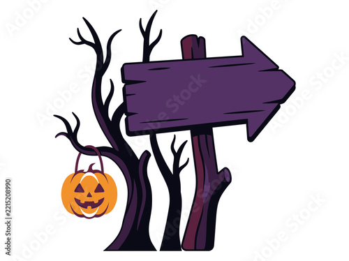 Spooky halloween signpost with carved pumpkin hanging from a dark tree branch