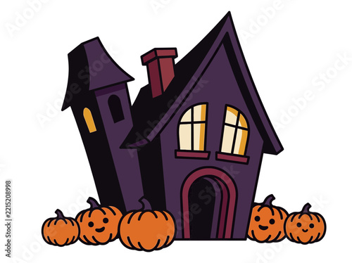 Charming cartoon haunted house with smiling jack o lanterns on a white background