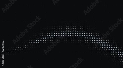 Minimalist digital wave illustration featuring glowing white halftone dots arranged in an elegant curved pattern against a solid dark black background for modern technology concepts