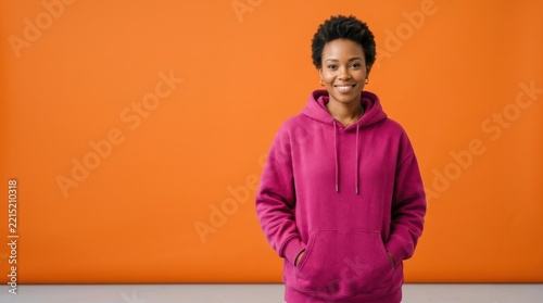 Smiling young African American woman wearing a bright magenta hoodie standing against a vibrant solid orange background in a studio portrait setup