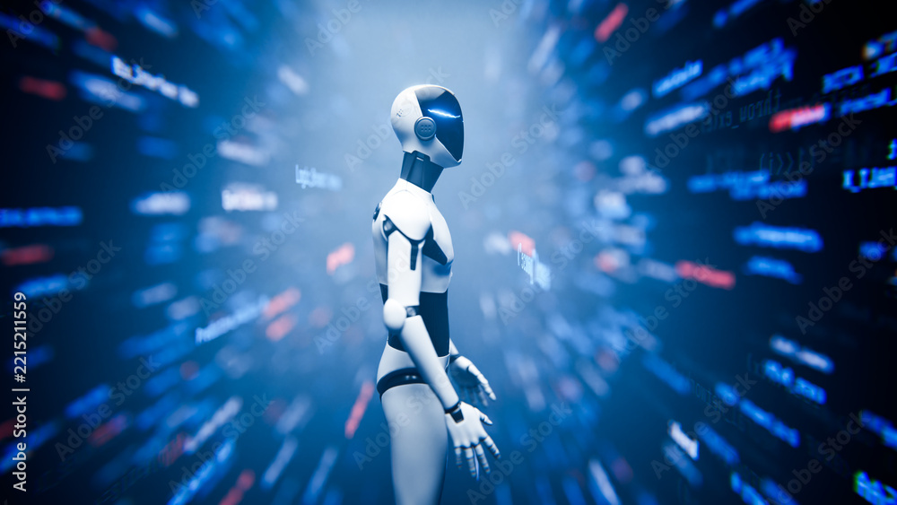 Fototapeta premium Side view humanoid AI robot assistant in digital code tunnel.