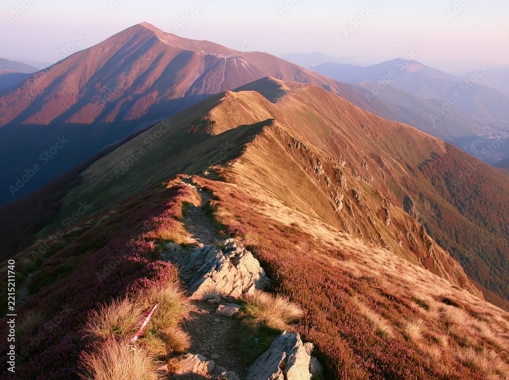 Fototapeta premium Mountain ridge with path and heather at sunrise