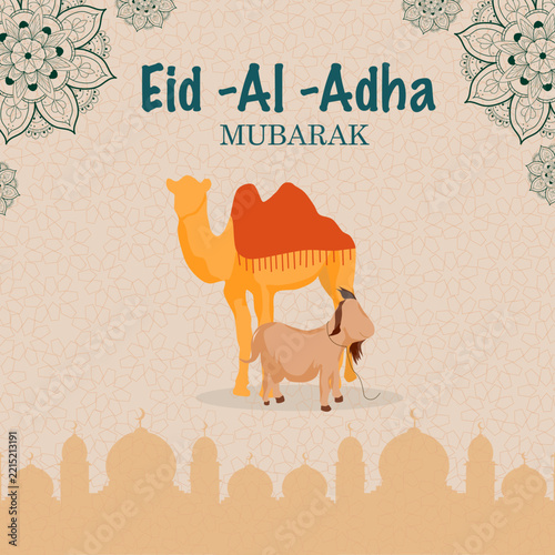 Eid-Al-Adha Mubarak Greeting with Camel and Goat Illustration