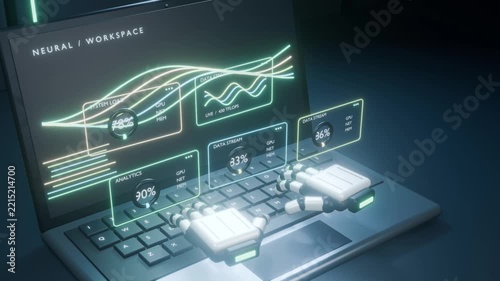 A robot is typing on a laptop data analysis person code bg able to loop endless 4k