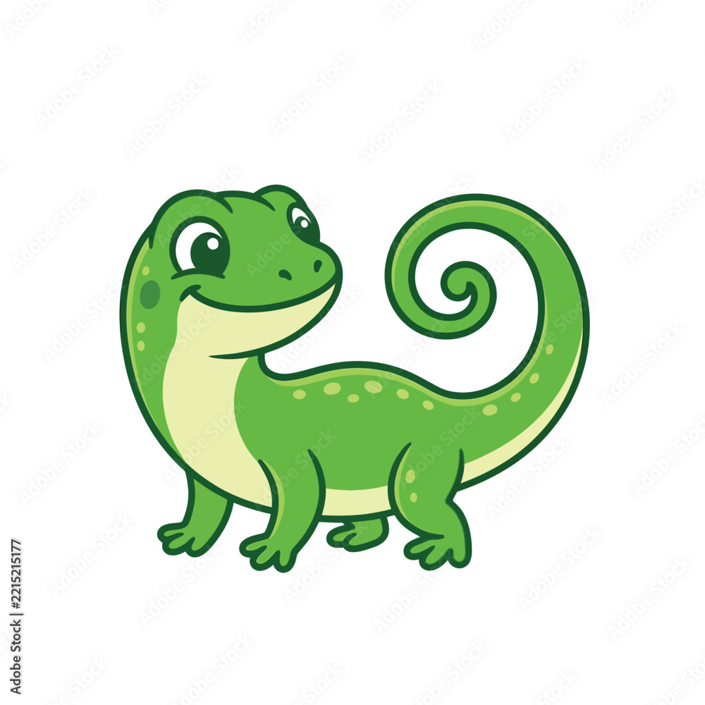 Obraz premium Cute little green lizard character standing on white background with character