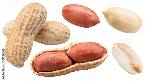 Raw unshelled peanuts and shelled peanuts isolated on a white background.