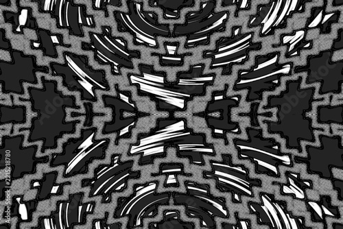 Black-and-white abstract symmetrical pattern with a mesh-textured halftone effect.