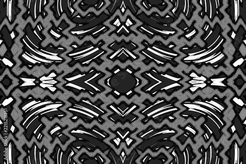 A symmetrical abstract pattern in black, white, and gray, set against a background textured with a fine mesh or dot pattern.
