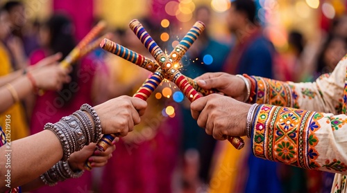 Close-up of couple's hands striking decorated dandiya sticks together with sparks, woman wearing oxidised silver bangles at Navratri