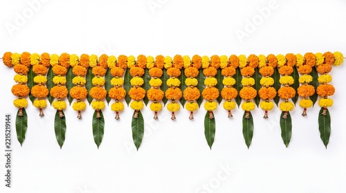 Traditional Indian toran hanging made of orange and yellow marigold flowers with mango leaves, festive door decoration