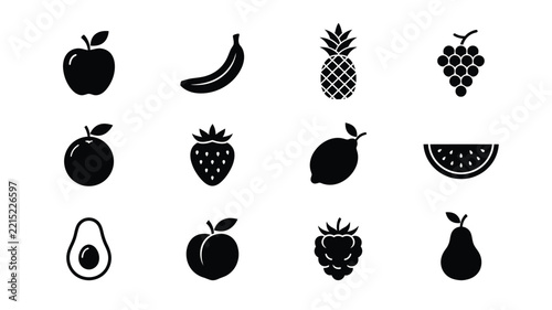 Collection of fruit silhouettes in a simple black and white style silhouette