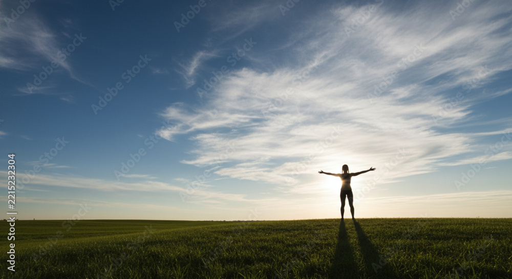 Obraz premium Silhouette of a person with arms outstretched in a vast green field under a beautiful blue sky with wispy clouds at sunset