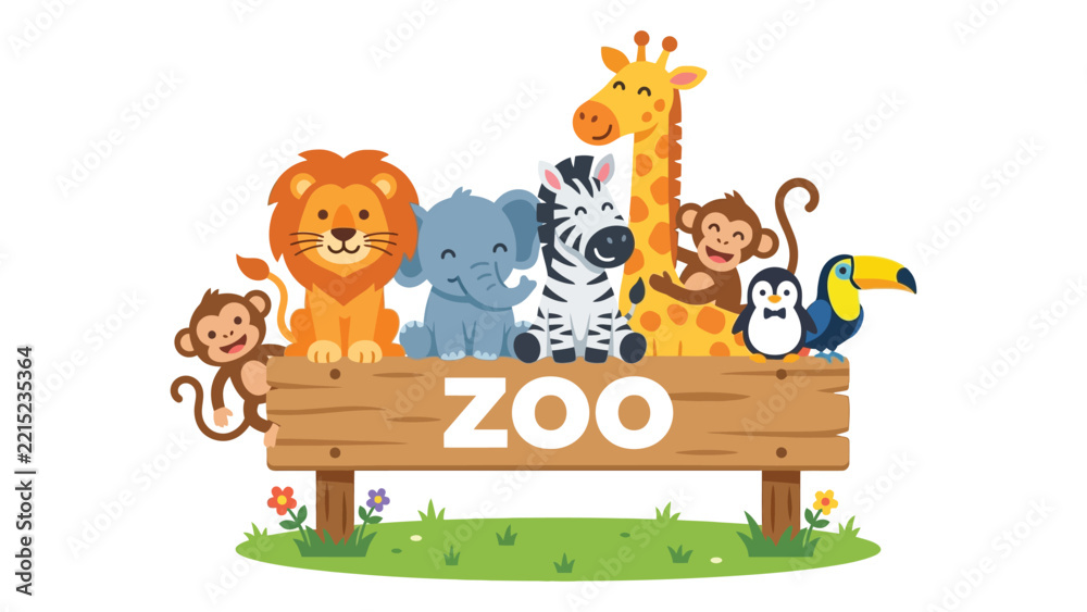 Fototapeta premium Cartoon Zoo Sign with Animals Illustration
