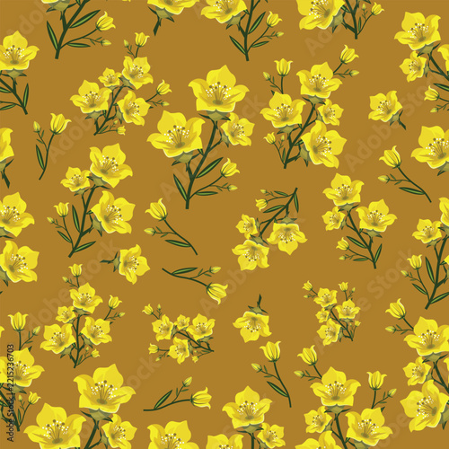 Seamless floral pattern with yellow flowers on mustard background