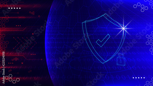 Cybersecurity technology concept background with abstract secure blue shield computer network and digital data privacy protection