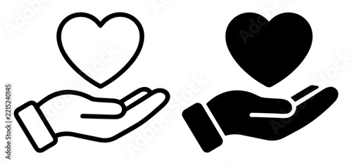 Outline and solid icon of hand holding heart symbol in vector style