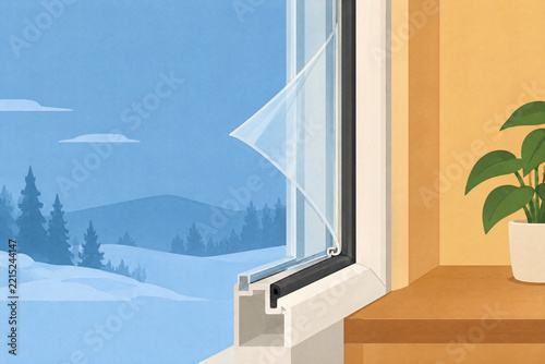 Window seal with snowy landscape outside