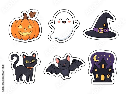 Halloween icons collection pumpkin ghost witch hat cat bat haunted house
