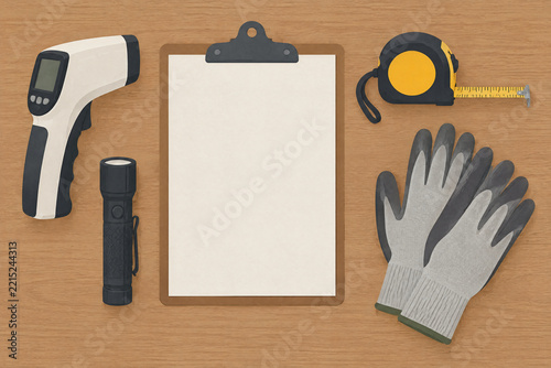 Infrared thermometer and tools on a wooden table
