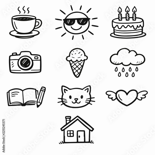 Collection of hand-drawn doodle icons including coffee sun cake camera ice cream rain cloud book cat heart and house perfect for creative projects