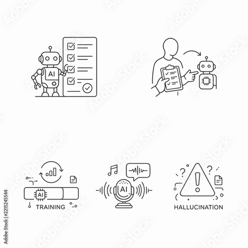AI and robot icons set illustrating concepts like training hallucination and human interaction vector illustration for technology and business