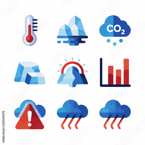 Climate change icons set including thermometer iceberg CO2 cloud and graph representing global warming concepts for environmental awareness and data visualization