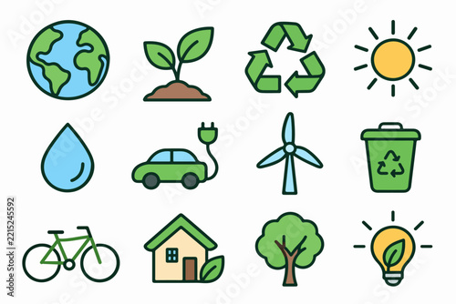 Collection of eco-friendly icons including earth plant recycle symbol sun water drop electric car wind turbine trash can bicycle house tree and light bulb for environmental concepts and sustainability