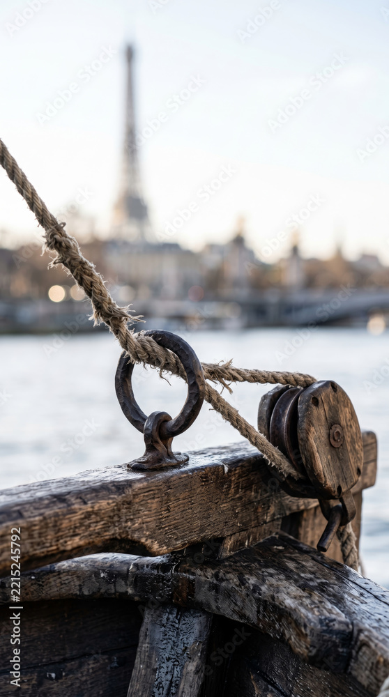 Fototapeta premium Thick Marine Nautical Mooring Rope Tied to Steel Pier Cleat