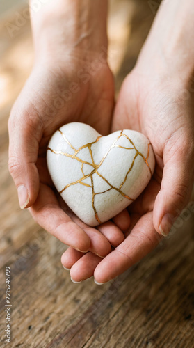 Hands holding white broken heart repaired with golden kintsugi cracks vertically