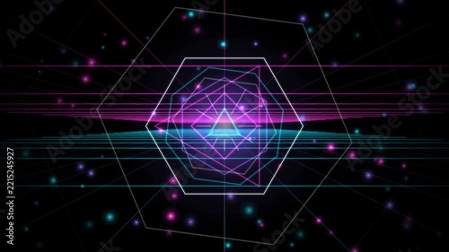 Bright neon geometric shapes rotating in a dark space with floating glowing colorful dots and a straight horizon line loop video