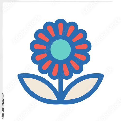 Stylized blue flower with red accents and leaves