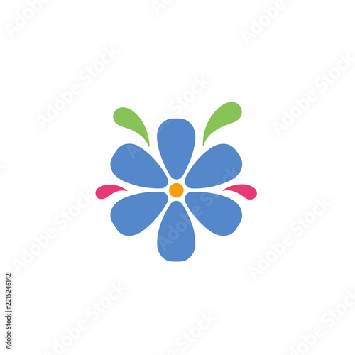 Stylized blue flower with pink and green accents