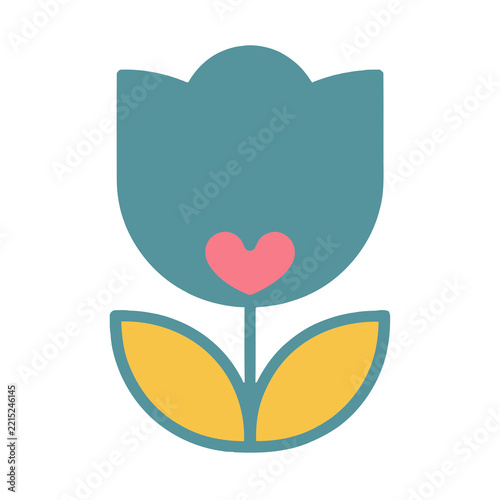 Stylized blue tulip with pink heart and yellow leaves