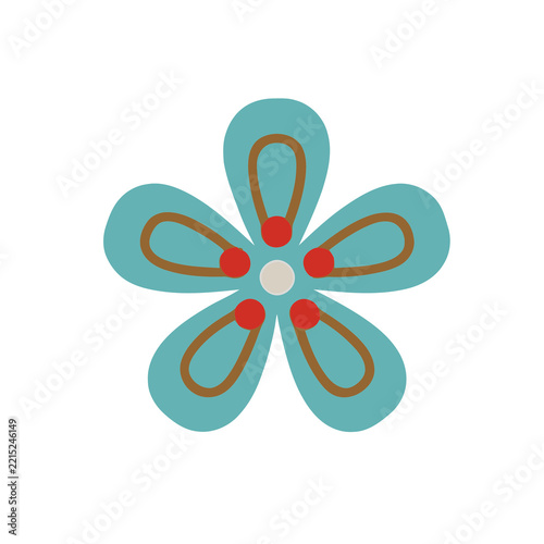 Stylized blue flower with red dots and brown outline