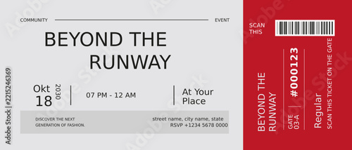 Minimalist Fashion Event Ticket Card Design with Barcode and Stub Layout Template