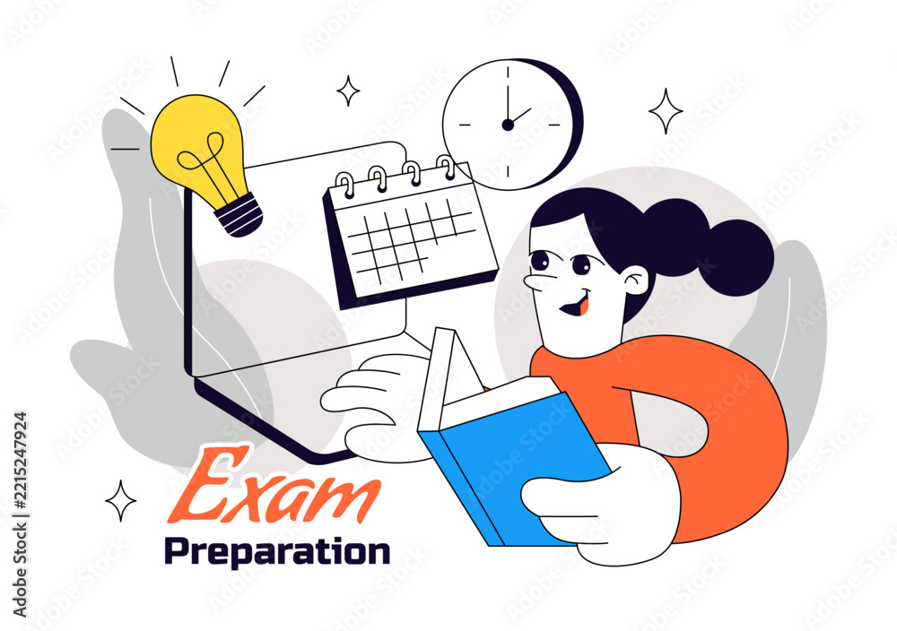 Obraz premium Exam Preparation Vector Illustration featuring Students Studying, Academic Books, School Supplies, Learning Activities, and Education Concept