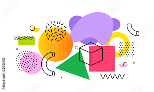 Abstract Colorful Geometric Composition with Memphis Shapes, 90s Style Trendy Vector Illustration.