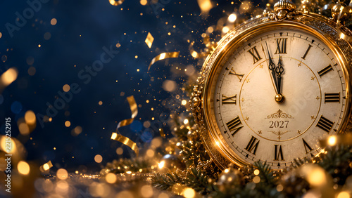 Golden vintage clock showing almost midnight with sparkling confetti and glitter bokeh on dark blue background, new year countdown